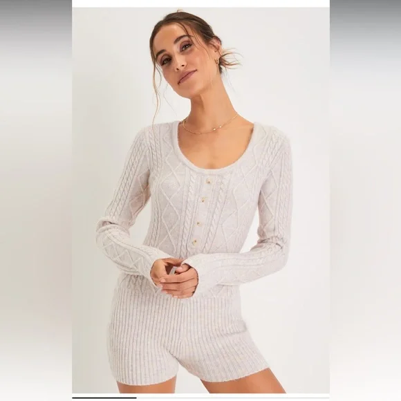 Lulus Cuddly Sentiments Blush Multi Marled Cable Knit Romper - Picture 2 of 8